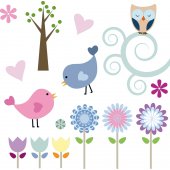 Kit Autocolante decorativo infantil flores pássaro